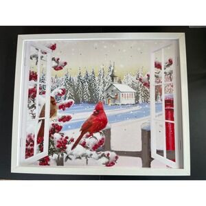 Winter Scene Lighted Canvas Wall Art Cardinals White Church LED Christmas Decor